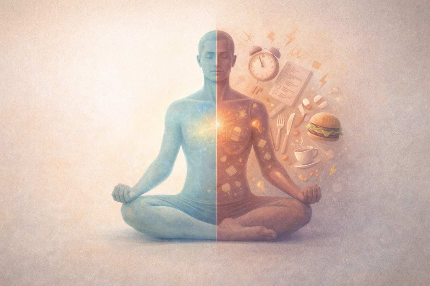 Human body showing recovery versus overworked lifestyle, highlighting rest, balance, and healing over constant eating